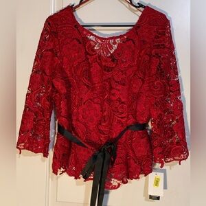 NWT Red Elegant Crochet Lined Top, black ribbon, size XL Petite.